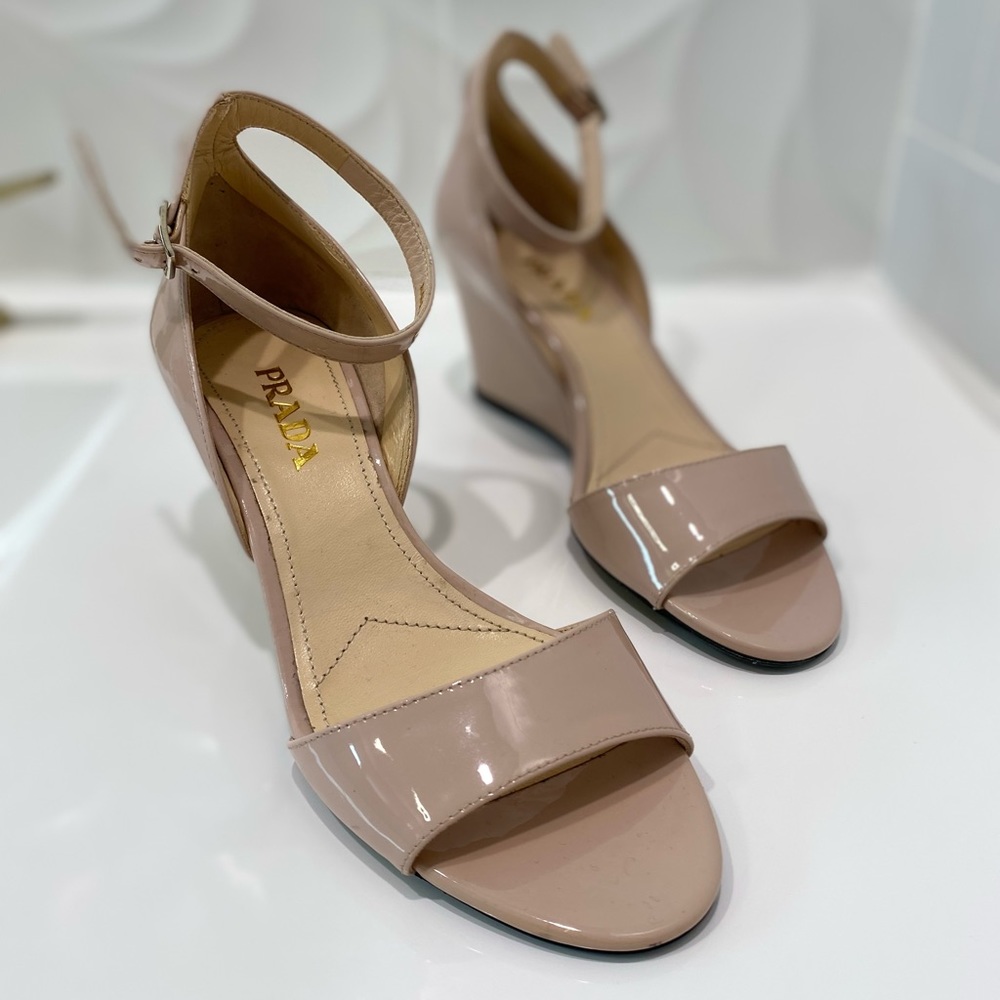 Prada Nude Wedge Patent Leather Sandal 6 AUTHENTIC BRAND NEW - Picture 2 of 6